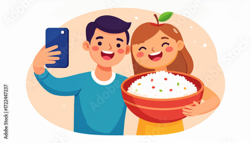 Happy young couple taking a selfie together while the woman holds a large bowl of delicious food, smiling at the camera