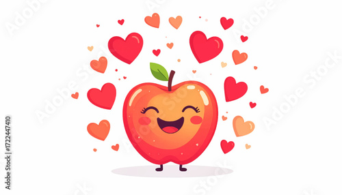 Cute Apple with Smiling Face Surrounded by Hearts A Sweet and Delightful Illustration