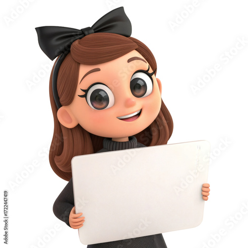 3D Cartoon Girl Character with Bow Holding Blank White Board – Cute Young Woman Illustration Isolated