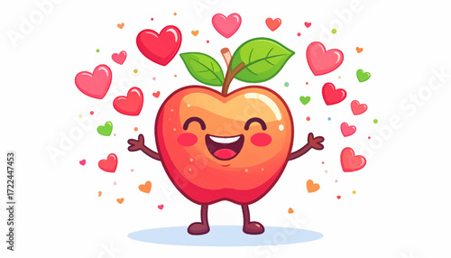 Happy Apple Cartoon Character Surrounded by Hearts, Vector Illustration