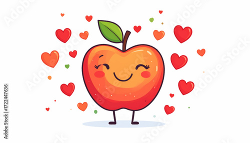 Happy Apple Character Surrounded by Hearts A Whimsical Illustration of Love and Joy