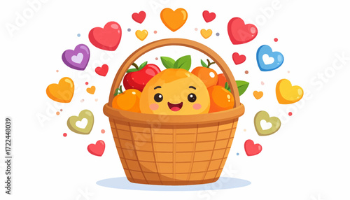 A cheerful illustration of a fruit basket, overflowing with happy oranges and surrounded by a vibrant array of colorful hearts, symbolizing health, joy, and sweet affection