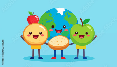 World Food Day concept with a joyful Earth character, happy apples, and bread. A fun and friendly graphic for global health and agriculture awareness