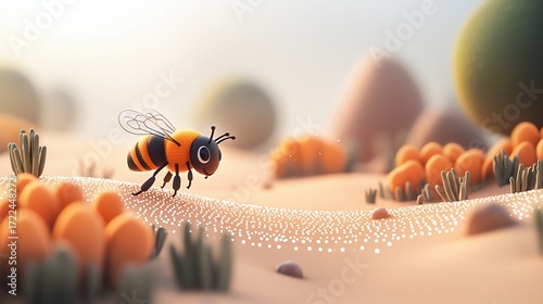 Cute cartoon bee pollinating in a stylized landscape