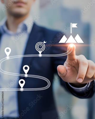 Businessman interacting with futuristic business roadmap concept showing goals and milestones