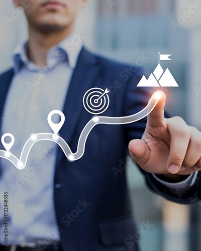 Businessman's futuristic business roadmap concept with goals and destinations illuminated