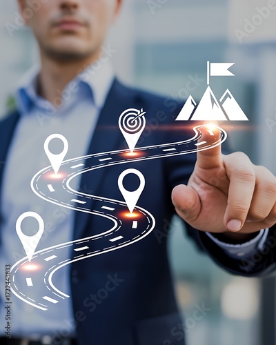 Futuristic business roadmap concept businessman navigates digital path to success and achievement