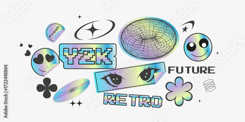  A vibrant Y2K sticker set featuring holographic effects and retro-futuristic design. Perfect for digital projects, fashion accessories, and creative ideas, adding style and modern flair.
