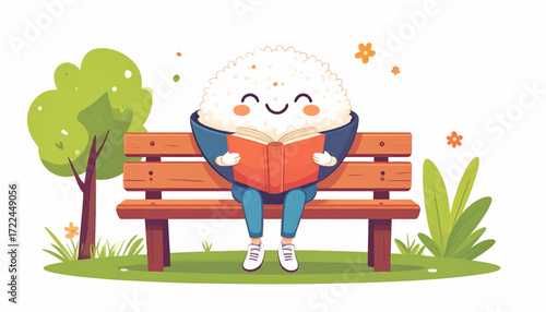 Whimsical illustration of a happy rice ball character enjoying a captivating book, peacefully reading on a rustic park bench amidst serene nature