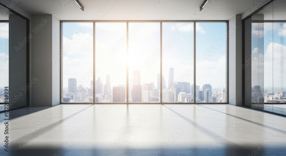 Fototapeta premium Modern Empty Office Space with Panoramic Cityscape View and Bright Sunlight