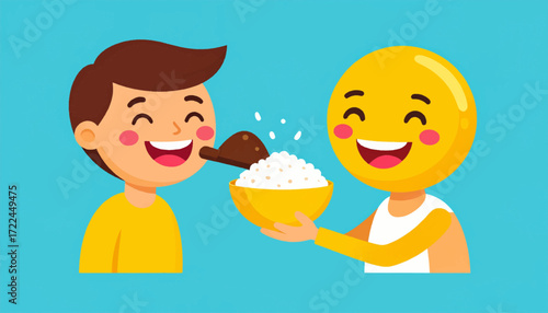 Sharing Joy A Cheerful Illustration of a Boy Being Served Rice with a Smiley Face