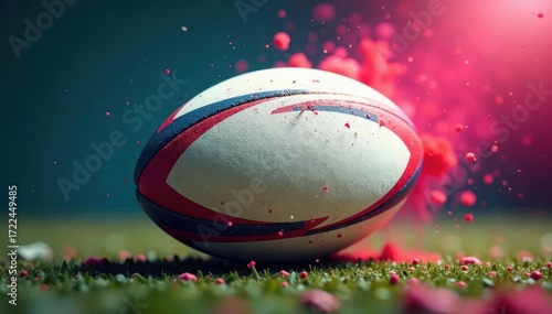 Blurred rugby ball shape in multicolored paint splatter, ball, colorful, vector background