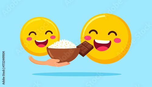 Two cheerful cartoon faces enjoying a delightful offering of rice and chocolate, symbolizing shared joy and tasty treats
