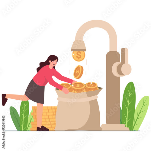 Money faucet filling a sack with coins held by a woman