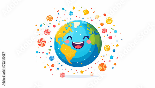 Whimsical Earth Illustration Surrounded by Colorful Candies and Confetti