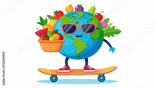 Earth with sunglasses and a basket of fruit on a skateboard, symbolizing healthy living and global environmental awareness
