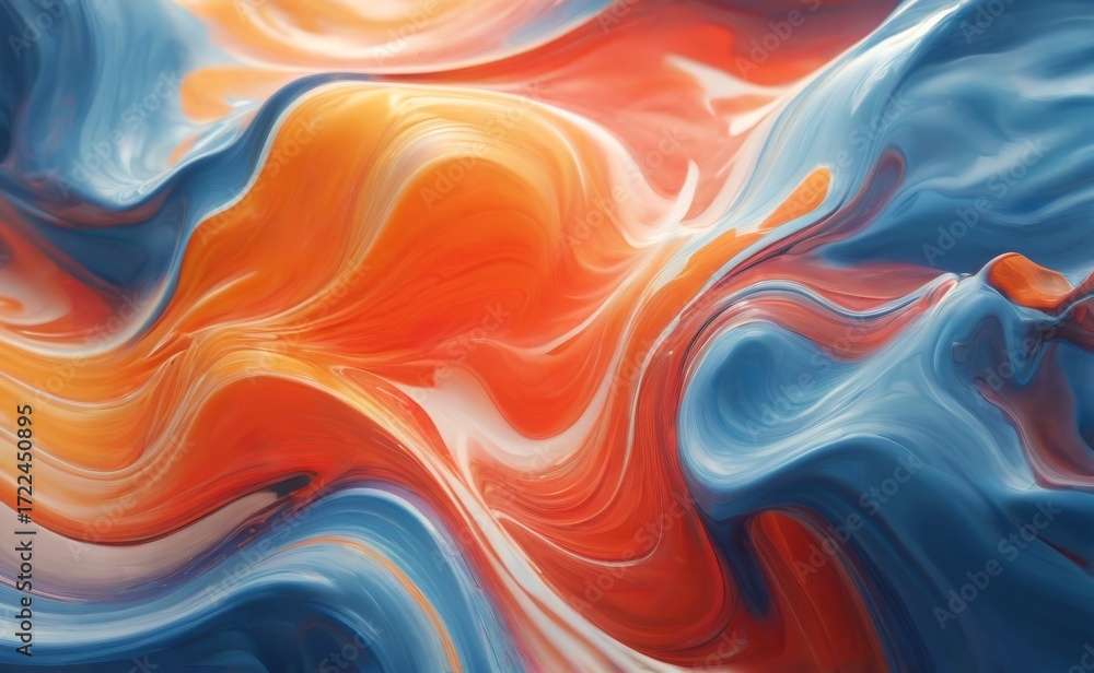 Obraz premium Fluid Abstract Digital Art: Dynamic Blue, Orange, and Red Shapes on White Background Creating Energetic Movement.