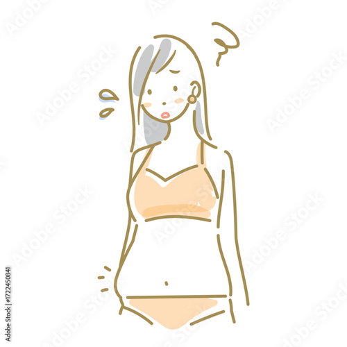 ぽっこりおなかが気になる女性　ソフトなタッチのお洒落な水彩風線画イラスト