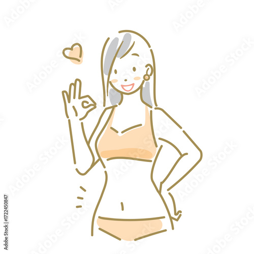 すっきりしたお腹まわりに満足する女性　ソフトなタッチのお洒落な水彩風線画イラスト