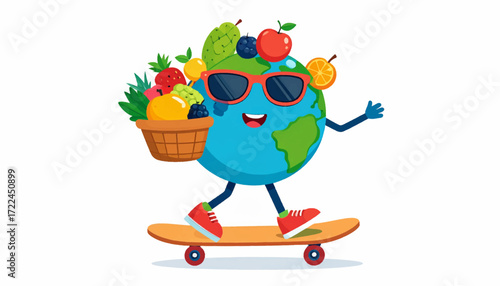 Cheerful Earth globe character enjoying an active healthy lifestyle, riding a skateboard and carrying fresh fruit. A concept for wellness and environmental care
