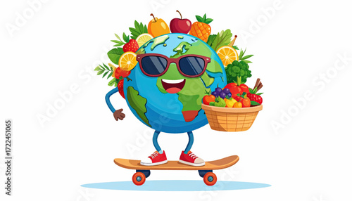 Happy Earth character on a skateboard, surrounded by fresh fruits and greens, promoting a healthy planet and sustainable living
