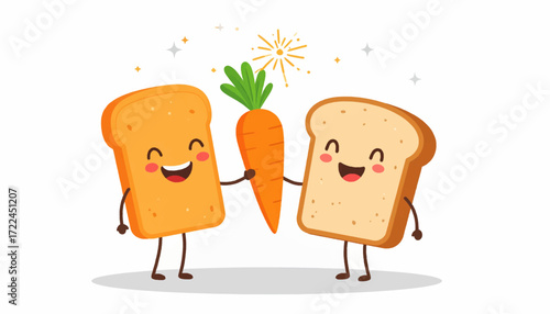 Cute smiling toast slices sharing a carrot with sparks flying - a whimsical illustration of healthy eating and friendship