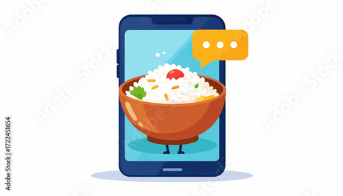 Mobile Food Ordering Concept Smartphone displaying a delicious bowl of rice with a chat bubble, illustrating digital convenience for quick meal delivery via apps