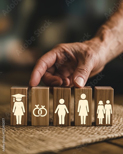 Hand arranges wooden blocks symbolizing family life stages and relationships