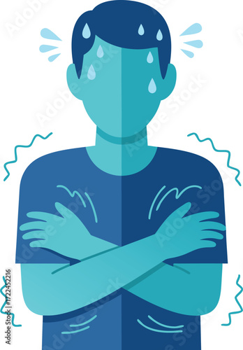 An illustration showing a person experiencing sweating and shivering, common symptoms often seen in malaria infection and fever episodes