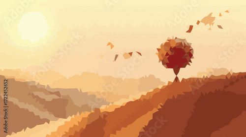 Abstract landscape with sun and tree geometric