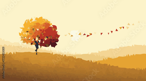 Autumn tree with falling leaves nature