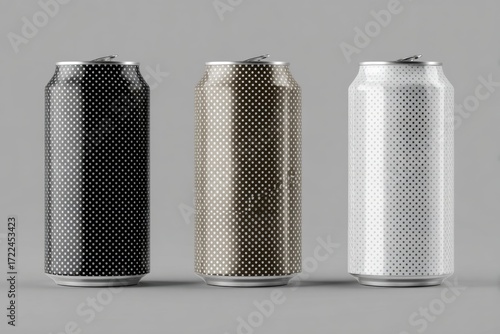 Three Cans with Dots in Black, Gold, and White on Gray Background