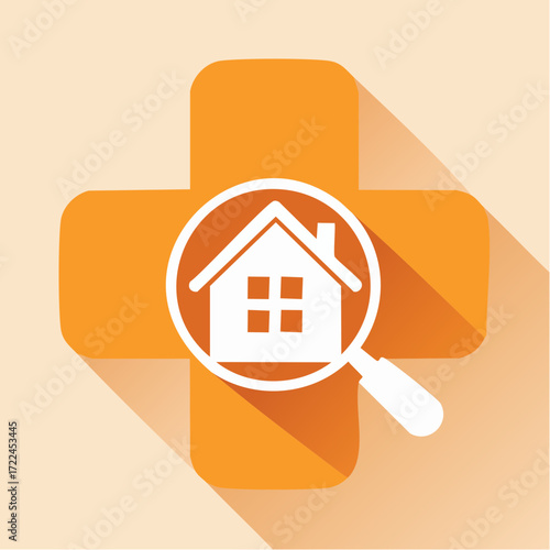 Clean vector graphic of a house under a magnifying glass on a medical cross, depicting comprehensive home inspection, property health, and real estate assessment services