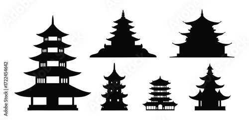 Chinese pagodas black silhouette on a white background.