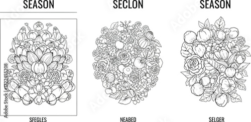 Three floral arrangements in black and white line art with different shapes and compositions