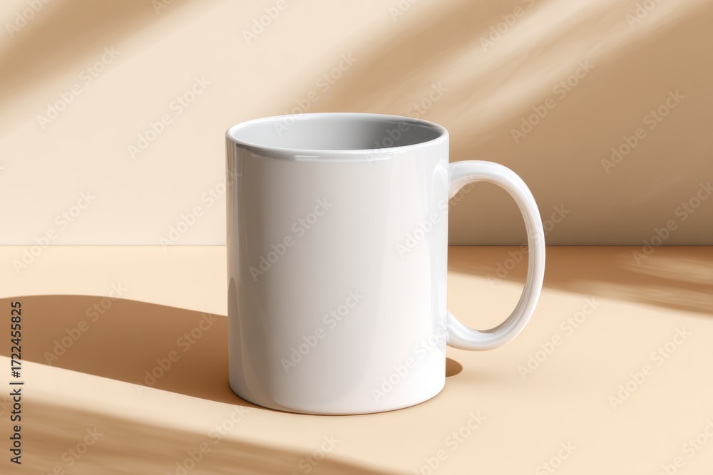 Fototapeta premium Simple White Coffee Mug on Beige Background with Soft Shadows