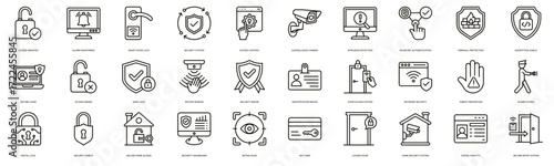 Security System icon line set. Security System, Access Control, Surveillance Camera, Intrusion Detection, Biometric Authentication, Firewall Protection and Encryption Shield