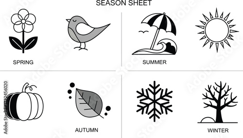 Season sheet depicting spring summer autumn and winter with corresponding icons and text labels