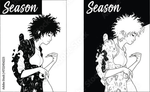 A black and white illustration of a woman with curly hair wearing a patterned shirt season text