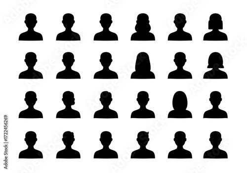 Collection of simple black silhouette profile icons representing diverse individuals.