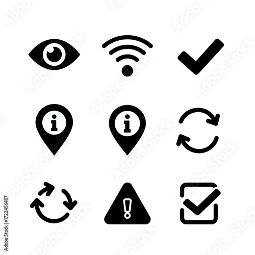 A collection of various black and white informational icons, representing different concepts.