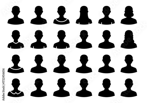 Collection of diverse female profile icons, simple black silhouettes, various hairstyles and necklines.