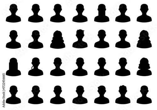 Collection of diverse black silhouette profile icons representing anonymous people.