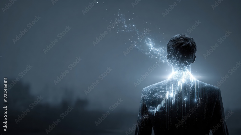 Obraz premium Conceptual depiction of a businessman with digital data emanating from his body