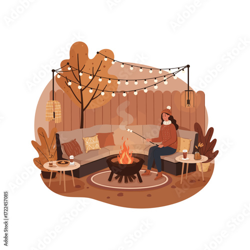 Cozy Autumn Backyard Fire Pit Scene Woman Roasting Marshmallows  String Lights Warm Drinks and Fall Decor