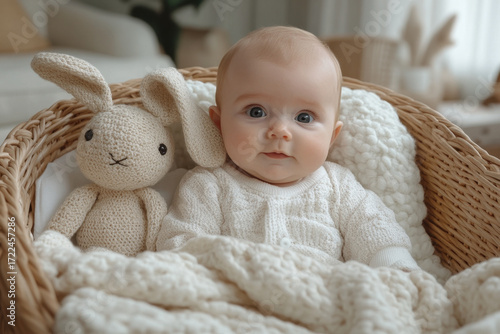 Baby sleeping in basket with stuffed rabbit.