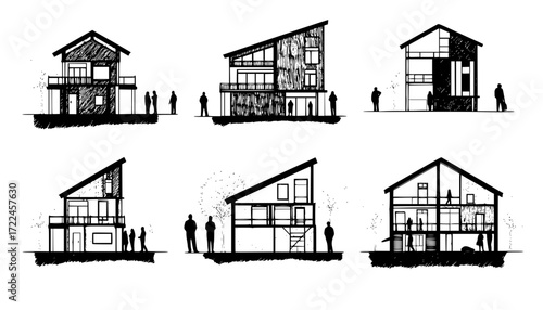 People silhouettes in elevation side view showcasing architecture | silhouettes of people in 2D | architectural drawing featuring people in section elevation view | characters in architectural
