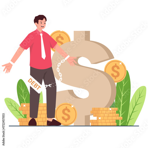 Person chained to a large dollar sign with coins and debt tag