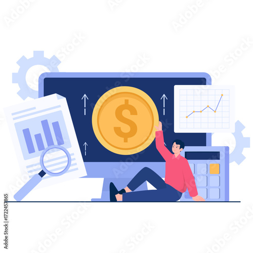 Person by a computer screen with financial charts and a coin