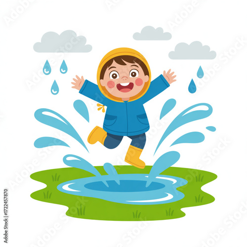 Happy child jumping in puddle vector illustration rainy day fun outdoor activity spring weather cartoon design